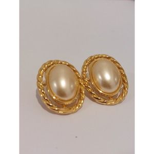 Vintage Kenneth Jay Lane KJL Oval Faux Pearl and Gold Tone Pierced Earrings